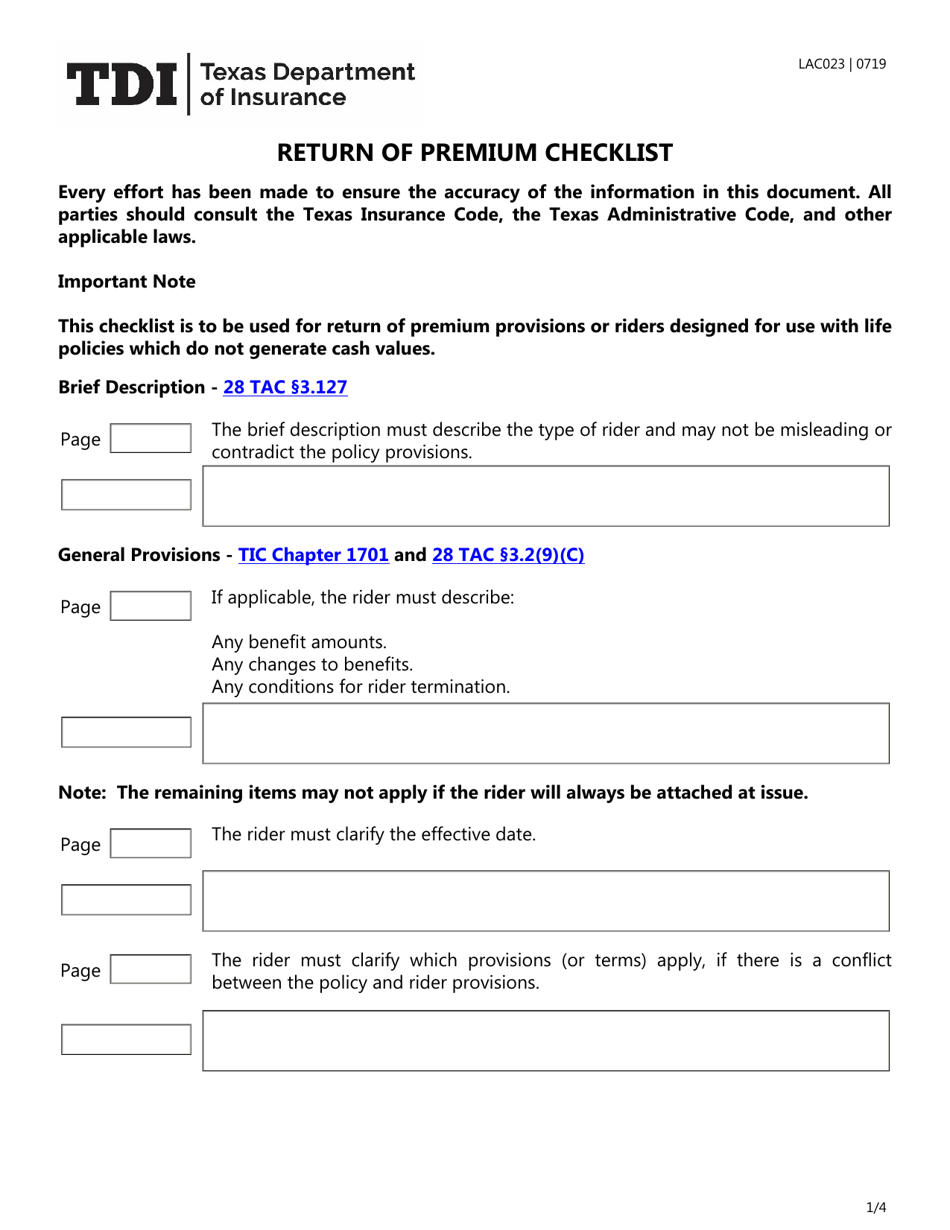 Form LAC023 Return of Premium Checklist - Texas, Page 1