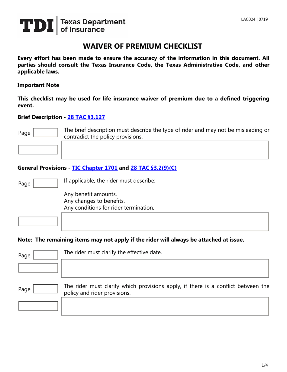 Form LAC024 Waiver of Premium Checklist - Texas, Page 1