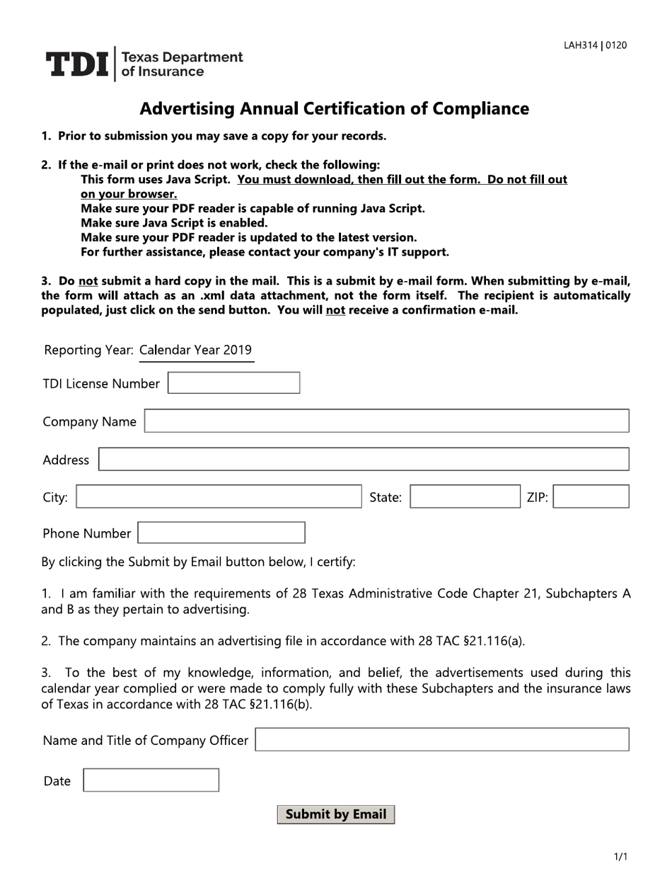 Form LAH314 Advertising Annual Certification of Compliance - Texas, Page 1