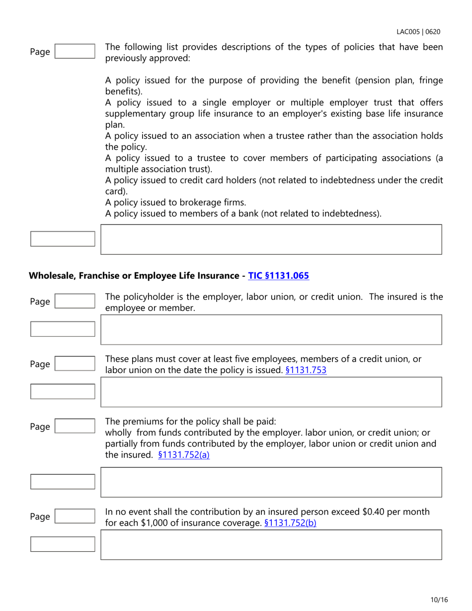Form LAC005 Group Life Insurance Checklist - Texas, Page 10
