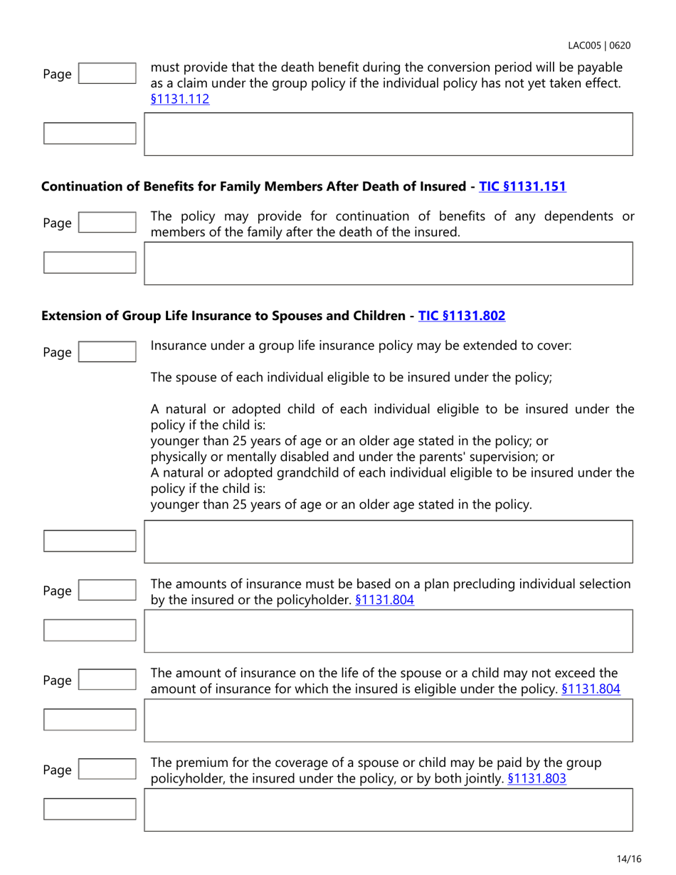 Form LAC005 Group Life Insurance Checklist - Texas, Page 14
