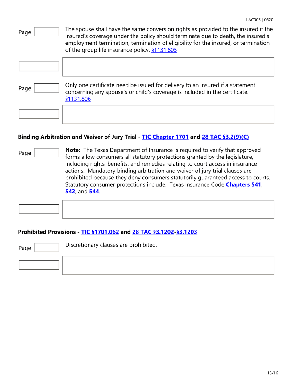 Form LAC005 Group Life Insurance Checklist - Texas, Page 15