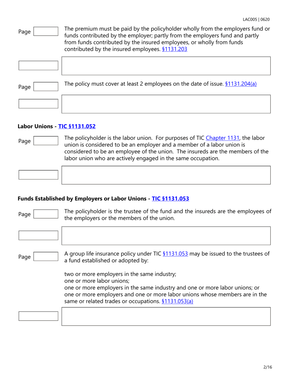 Form LAC005 Group Life Insurance Checklist - Texas, Page 2