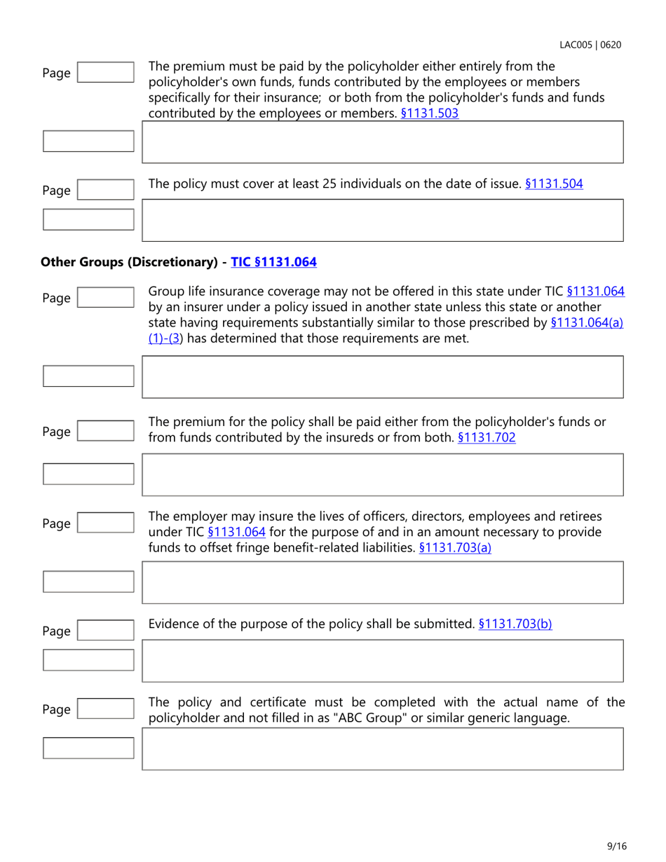 Form LAC005 Group Life Insurance Checklist - Texas, Page 9