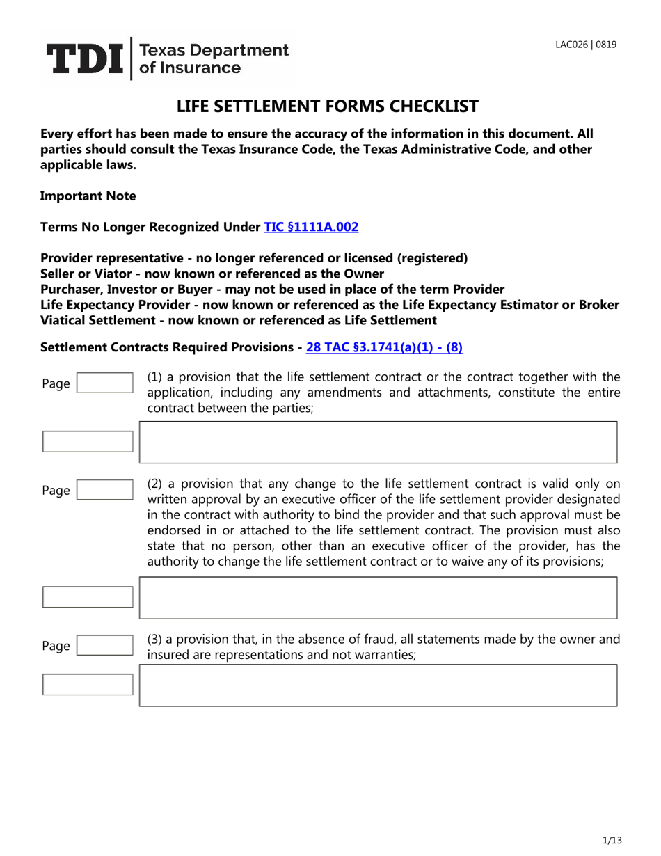 Form LAC026 Life Settlement Forms Checklist - Texas, Page 1