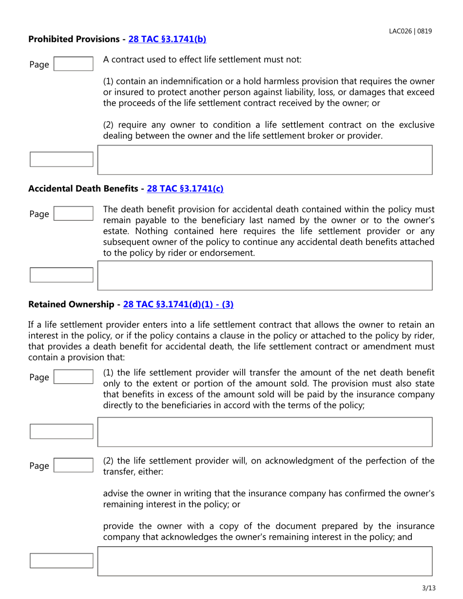 Form LAC026 Life Settlement Forms Checklist - Texas, Page 3