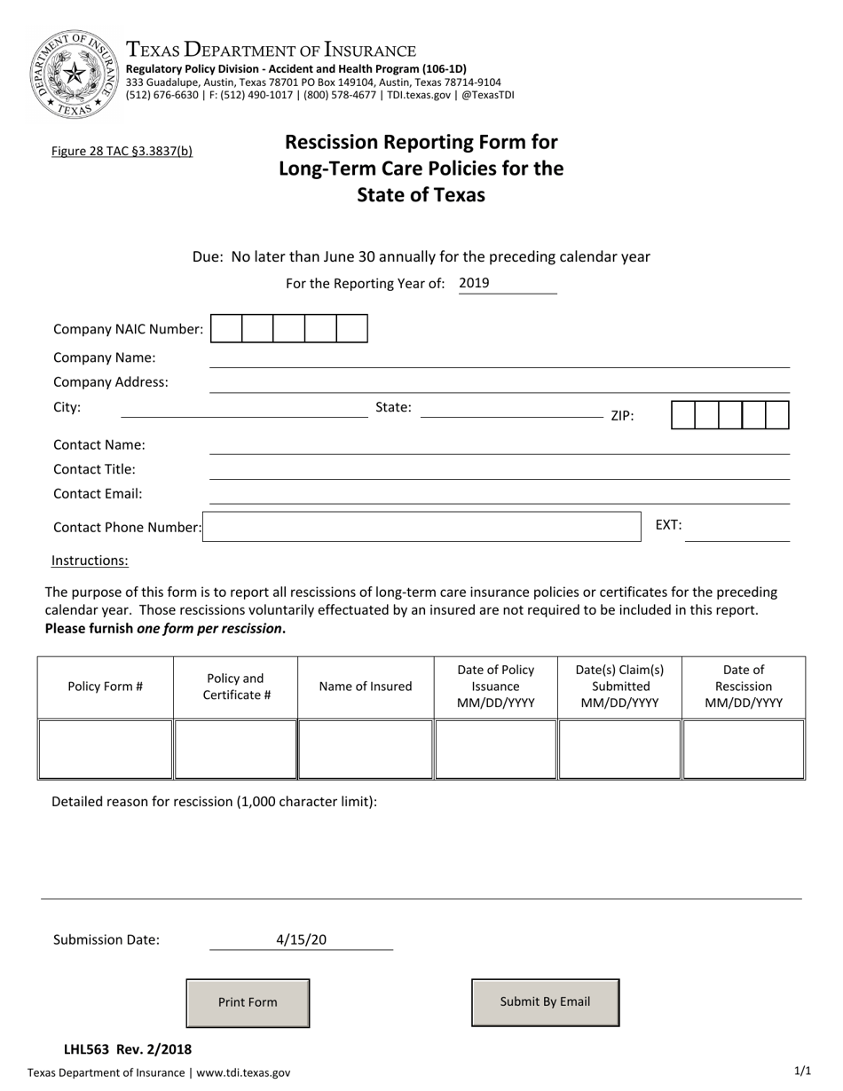 Form LHL563 Rescission Reporting Form for Long-Term Care Policies for the State of Texas - Texas, Page 1