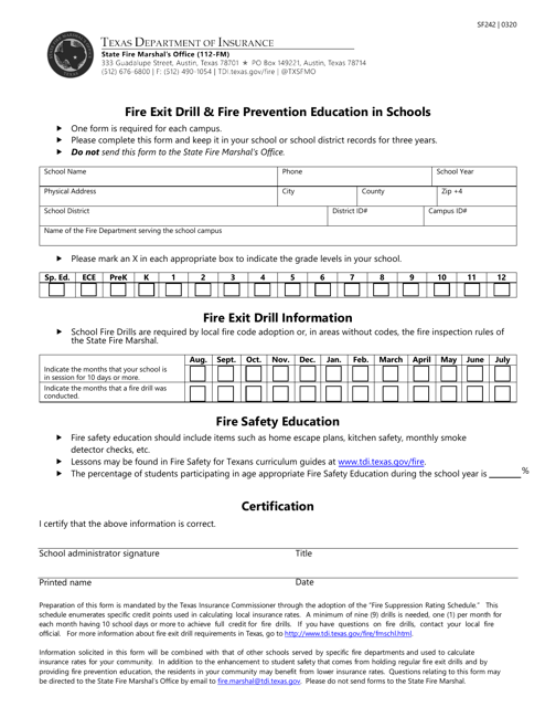 Form SF242 Fire Exit Drill & Fire Prevention Education in Schools - Texas