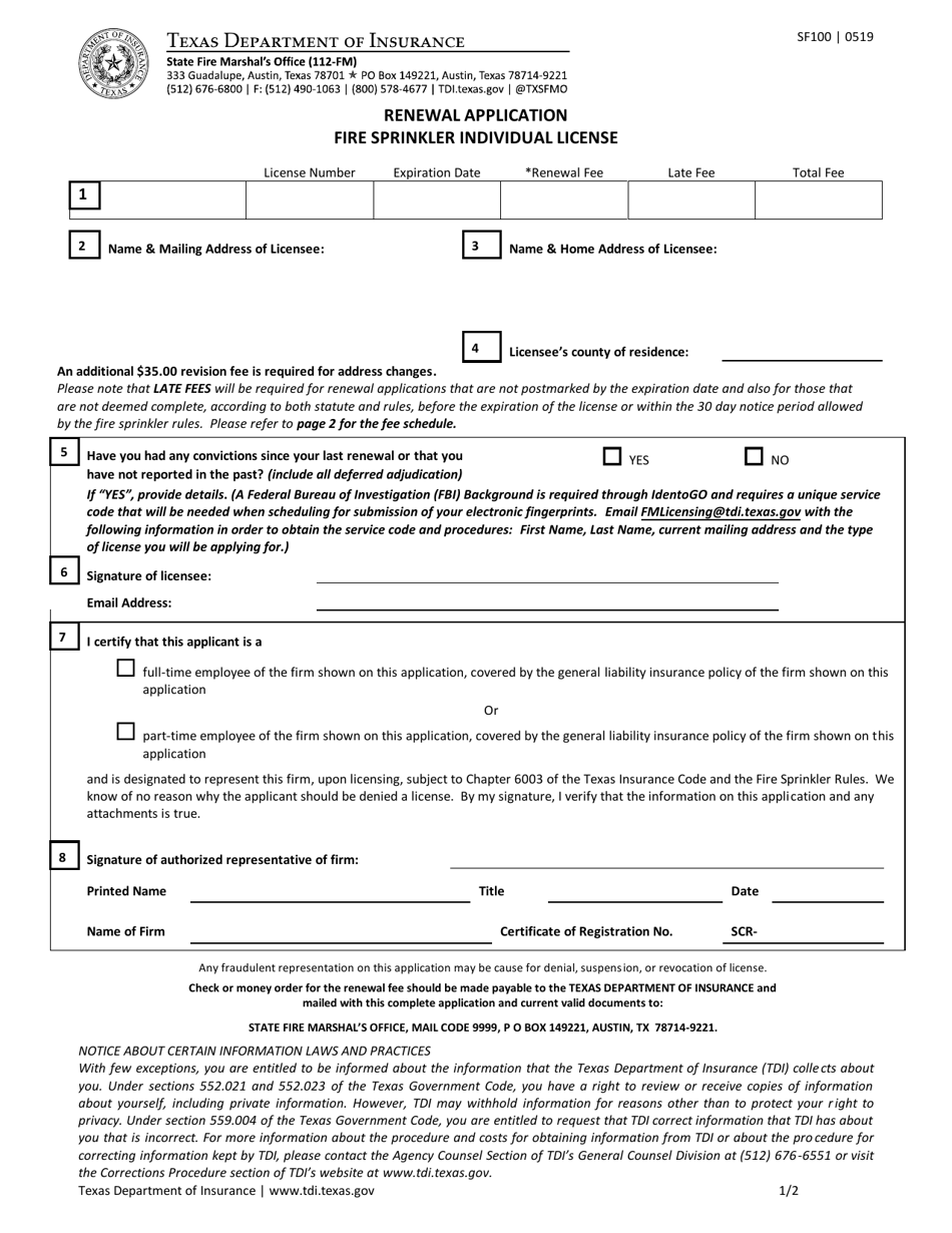 Form SF100 Renewal Application Fire Sprinkler Individual License - Texas, Page 1