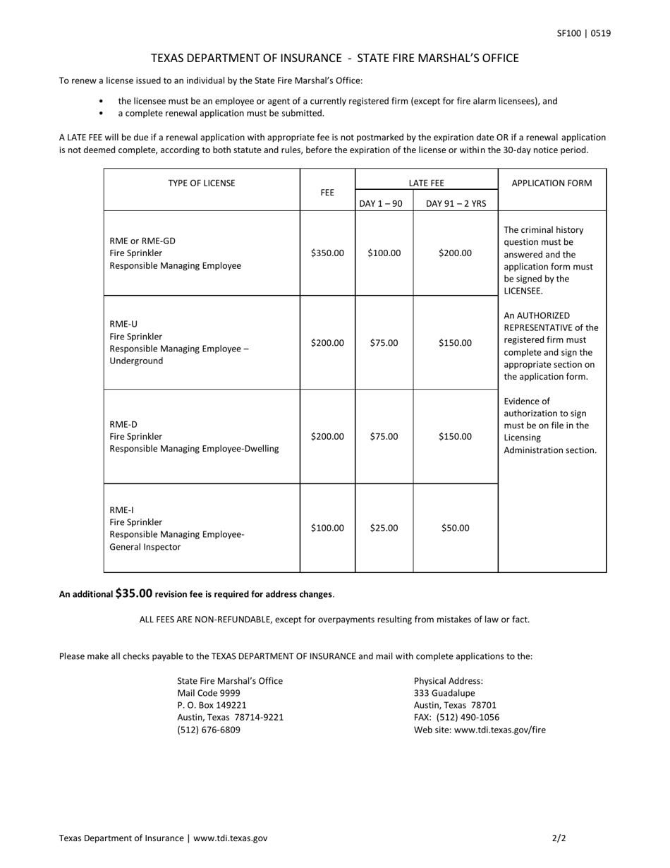 Form SF100 Renewal Application Fire Sprinkler Individual License - Texas, Page 2