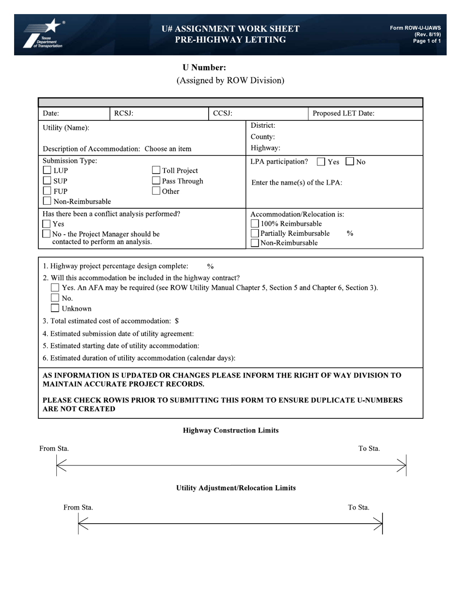 Form ROW-U-UAWS Utility Assignment Work Sheet Pre-highway Letting - Texas, Page 1