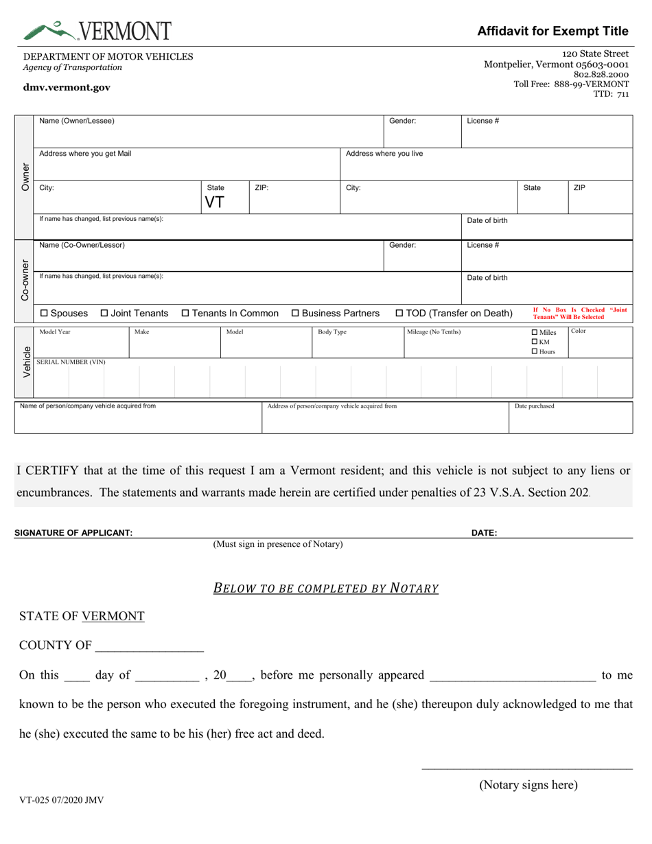 Form VT-025 Affidavit for Exempt Title - Vermont, Page 1