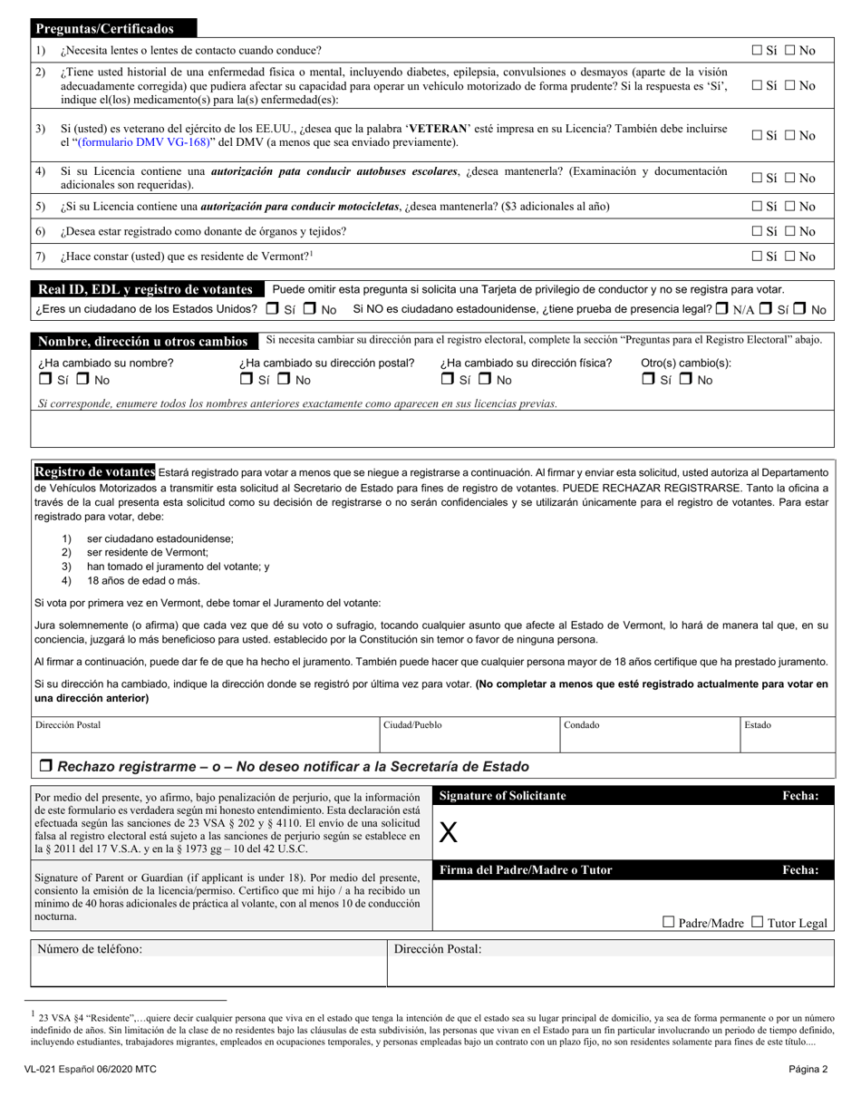 Formulario VL-021 Solicitud De Licencia / Permiso - Vermont (Spanish), Page 3