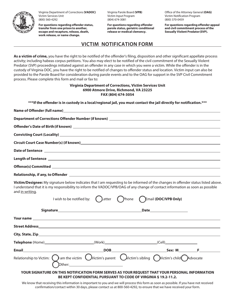 Victim Notification Form - Virginia, Page 1