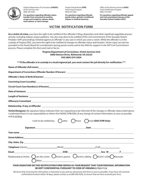 Virginia Victim Notification Form Fill Out Sign Online And Download Pdf Templateroller 9135