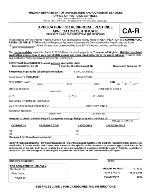Form CA-R Application for Reciprocal Pesticide Applicator Certification - Virginia