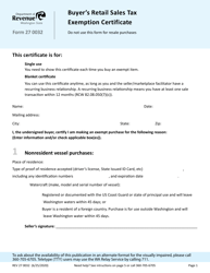 Document preview: Form REV27 0032 Buyer's Retail Sales Tax Exemption Certificate - Washington