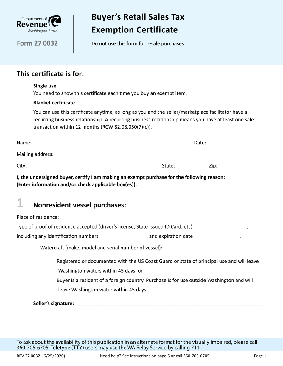 Form REV27 0032 Buyers Retail Sales Tax Exemption Certificate - Washington, Page 1