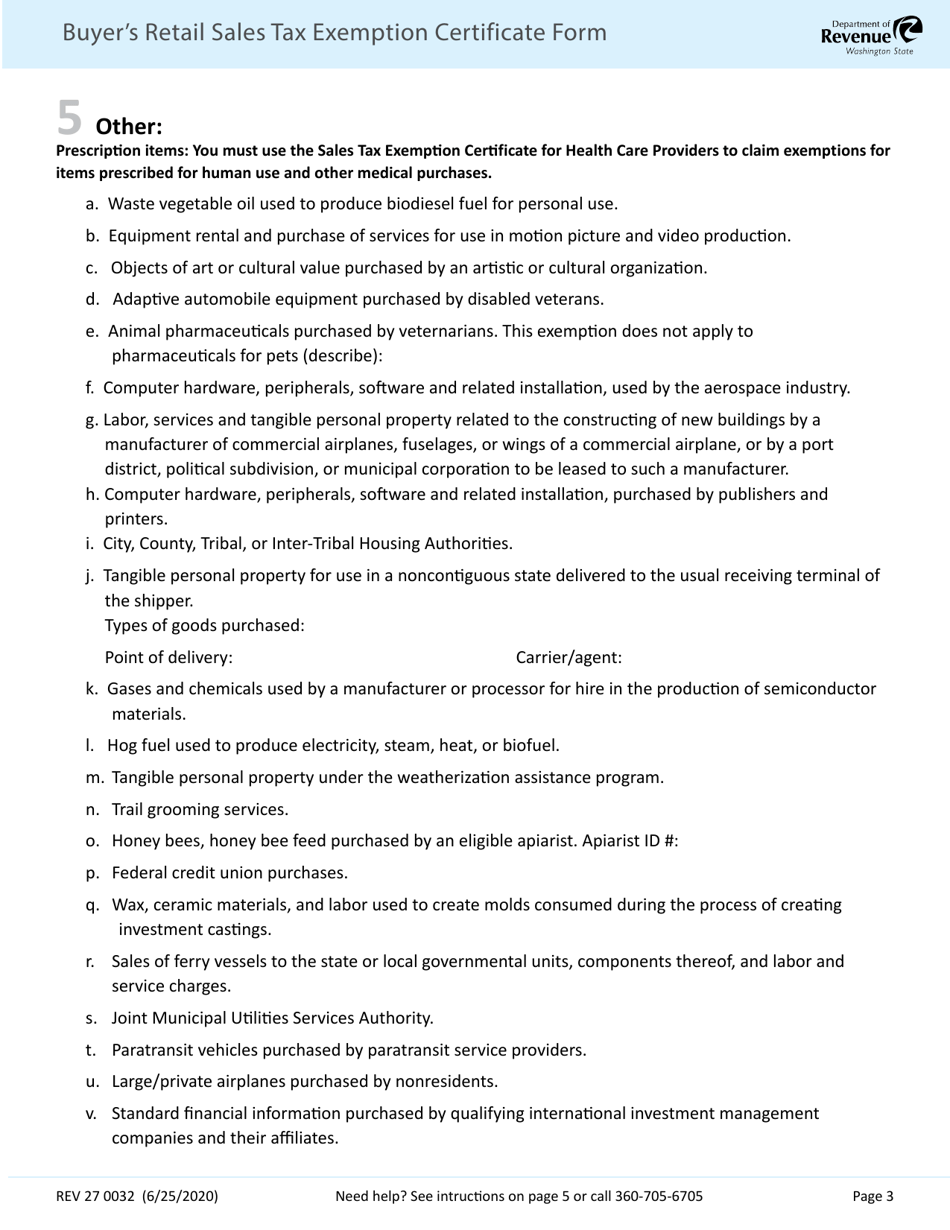 Form REV27 0032 Buyers Retail Sales Tax Exemption Certificate - Washington, Page 3
