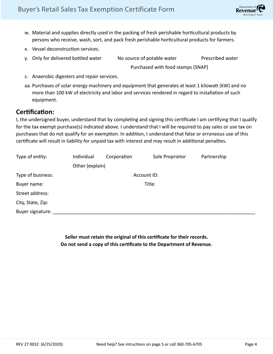 Form REV27 0032 Buyers Retail Sales Tax Exemption Certificate - Washington, Page 4