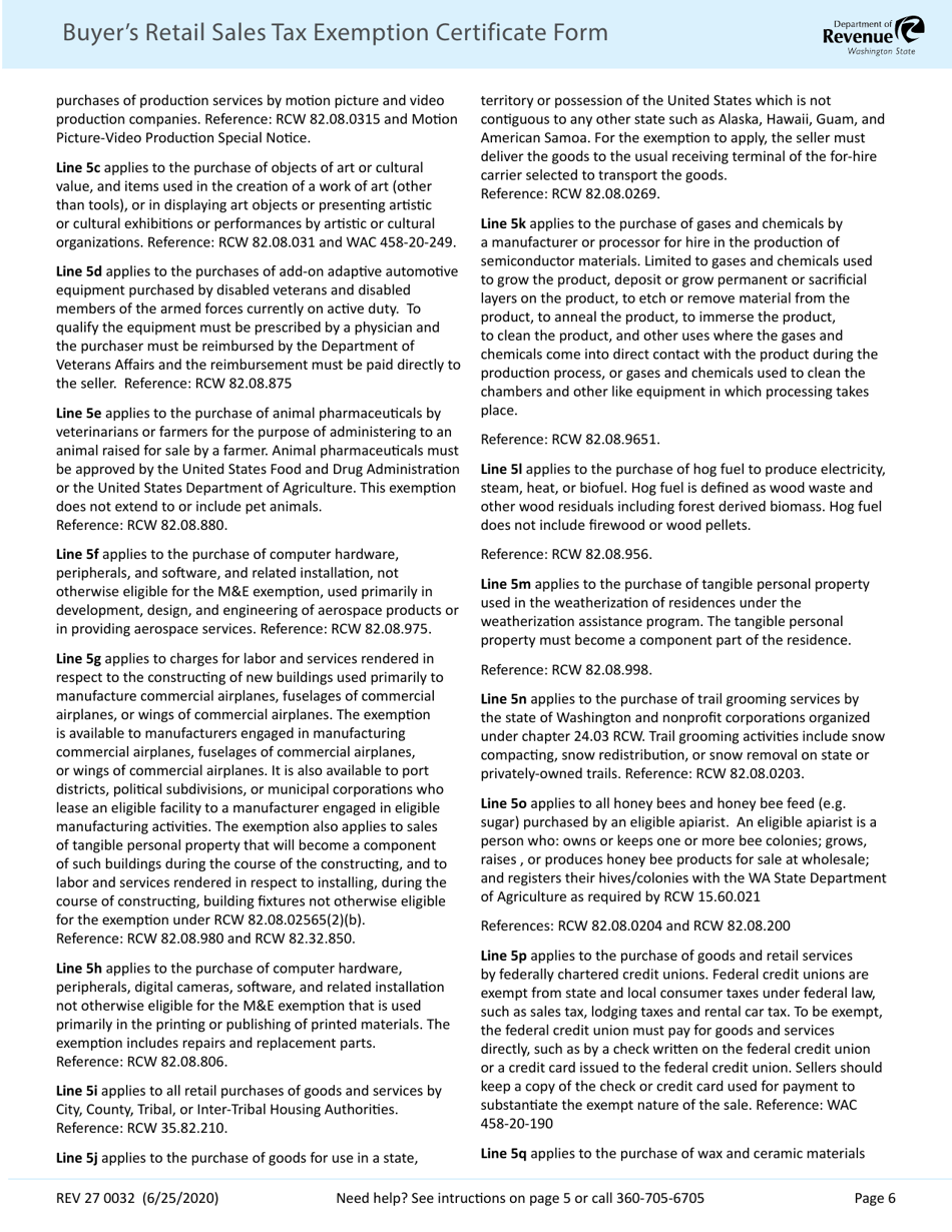 Form REV27 0032 Buyers Retail Sales Tax Exemption Certificate - Washington, Page 6