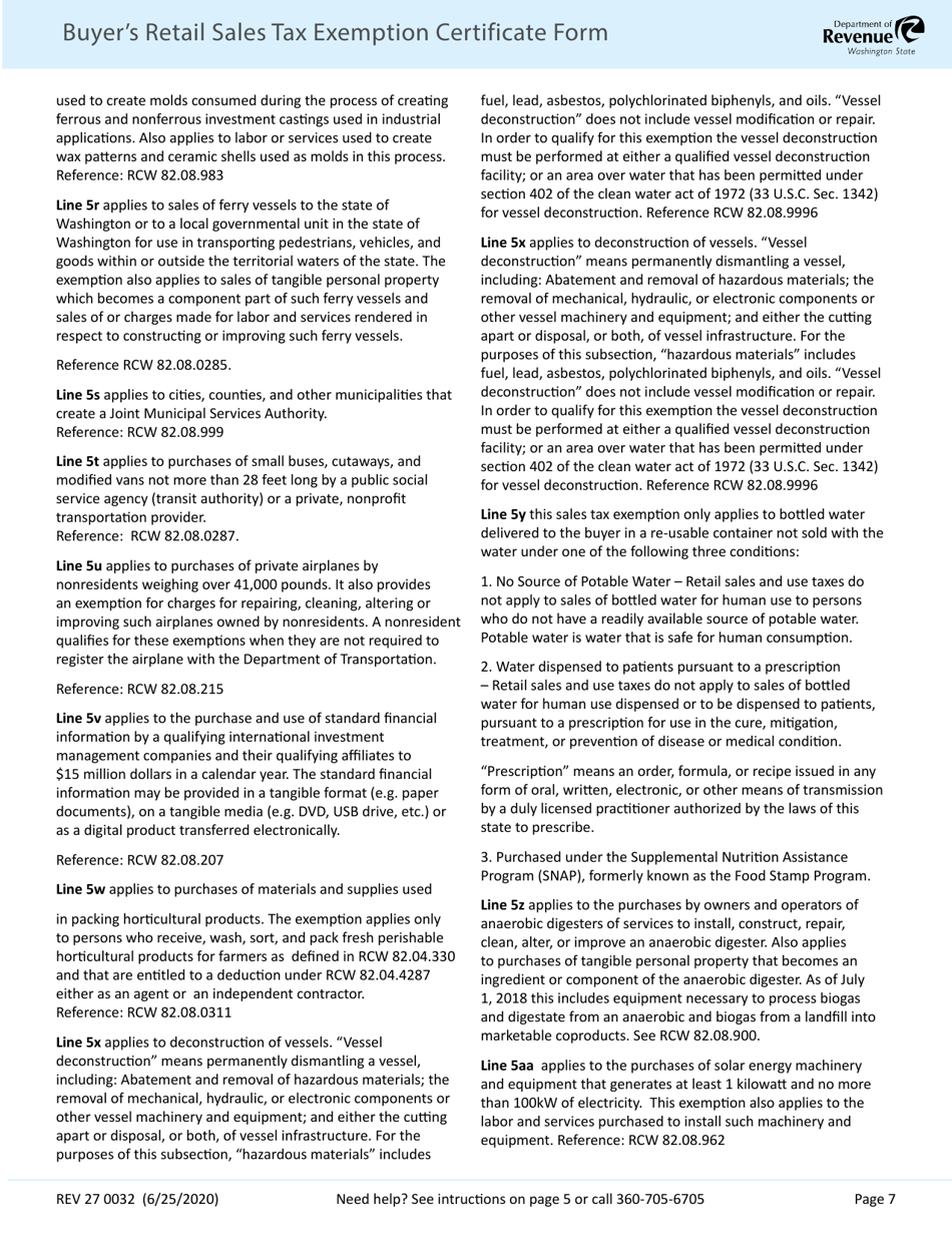 Form REV27 0032 Buyers Retail Sales Tax Exemption Certificate - Washington, Page 7