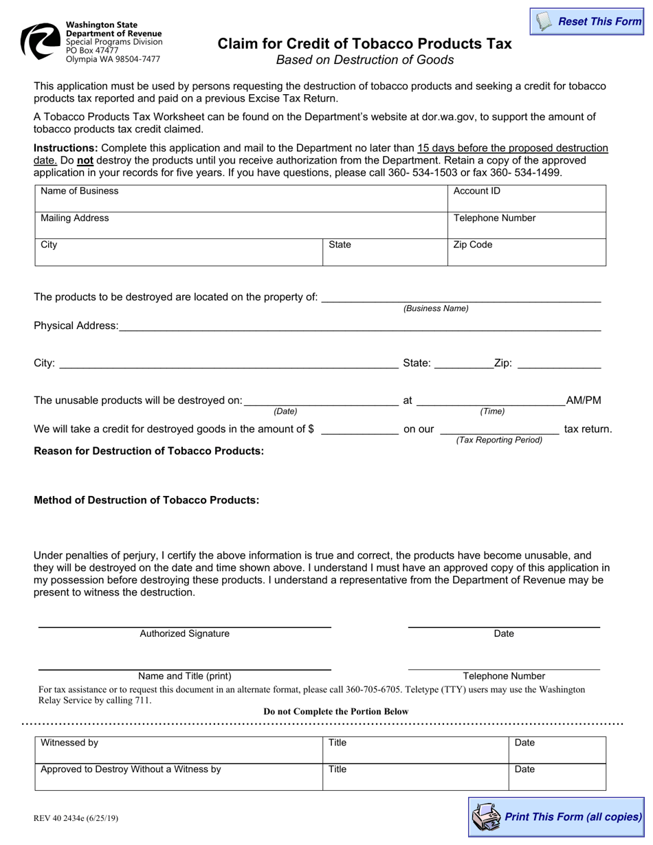Form REV40 2434 Claim for Credit of Tobacco Products Tax - Washington, Page 1