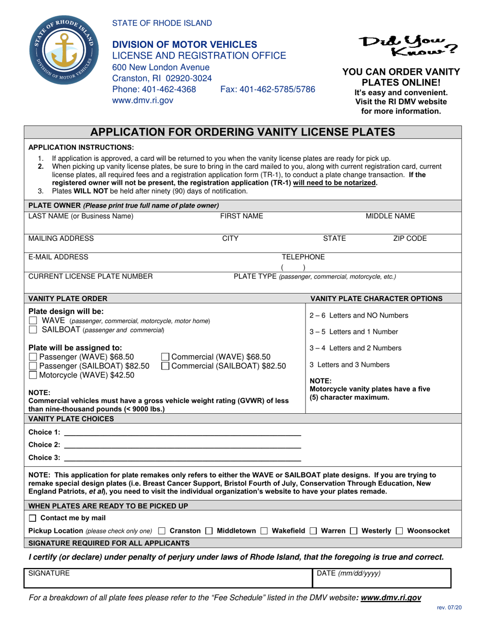Application for Ordering Vanity License Plates - Rhode Island, Page 1