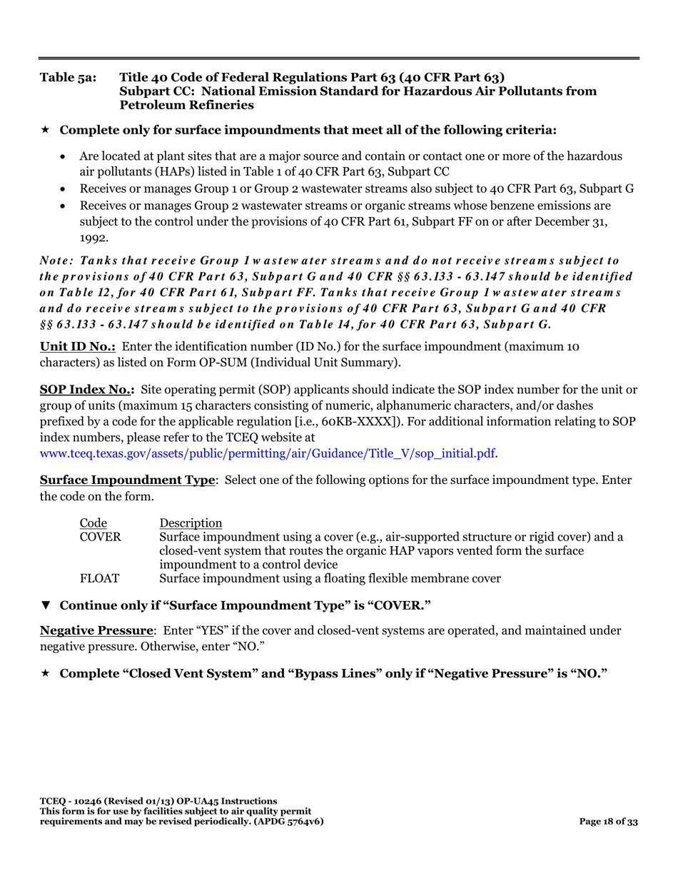 Form OP-UA45 (TCEQ-10246) Surface Impoundment Attributes - Texas, Page 18