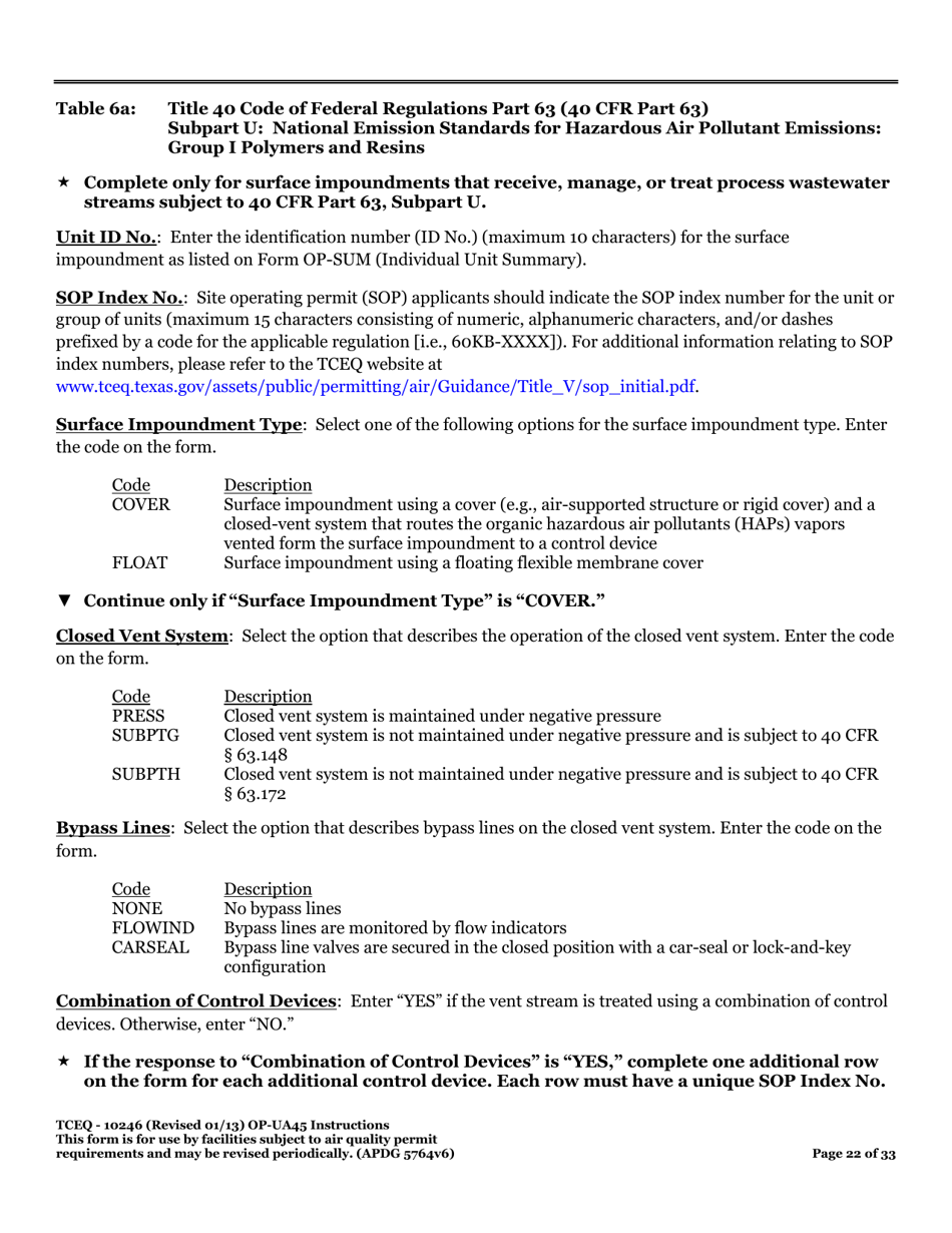 Form OP-UA45 (TCEQ-10246) Surface Impoundment Attributes - Texas, Page 22