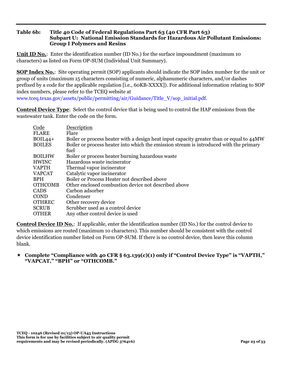 Form OP-UA45 (TCEQ-10246) Surface Impoundment Attributes - Texas, Page 23