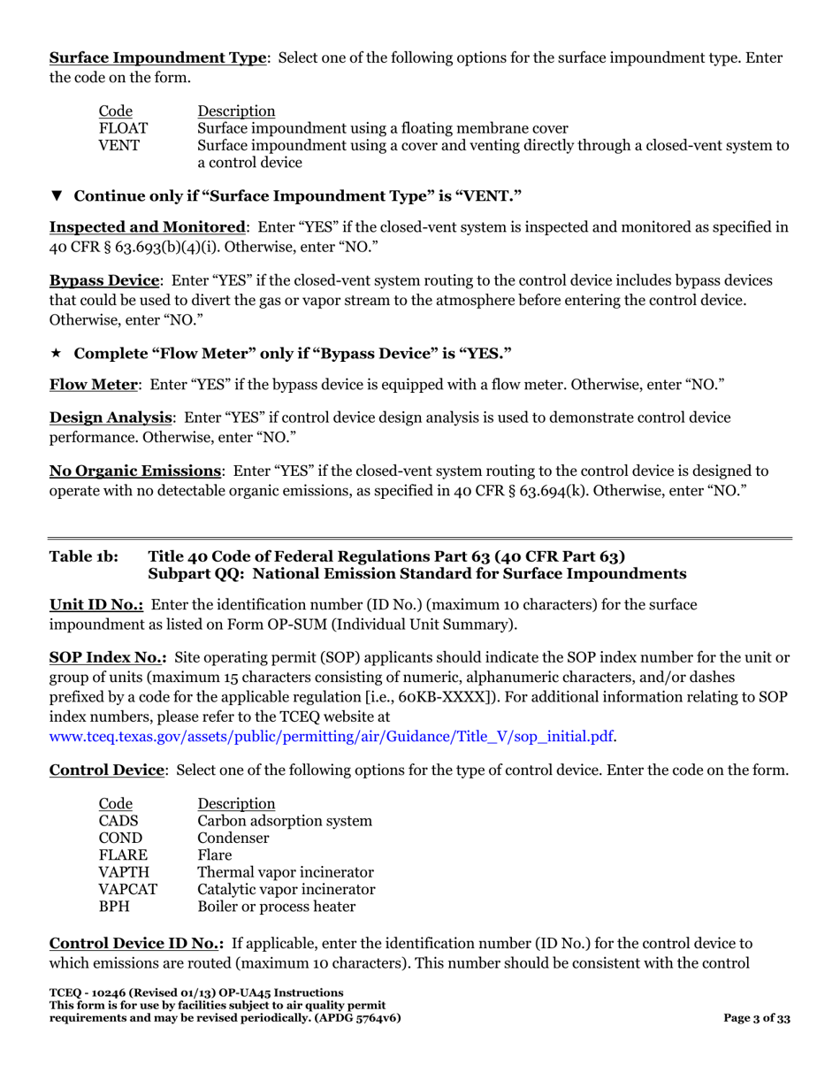 Form OP-UA45 (TCEQ-10246) Surface Impoundment Attributes - Texas, Page 3