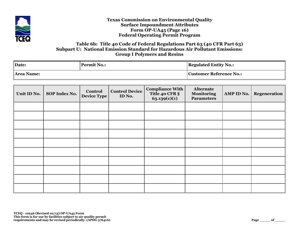Form OP-UA45 (TCEQ-10246) Surface Impoundment Attributes - Texas, Page 49