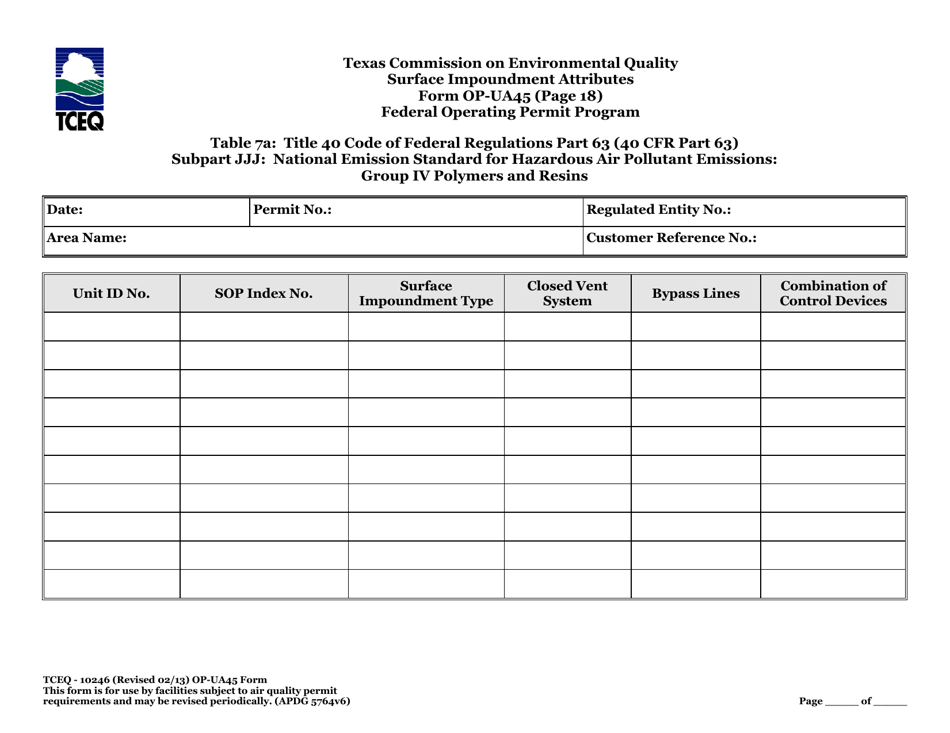 Form OP-UA45 (TCEQ-10246) Surface Impoundment Attributes - Texas, Page 51
