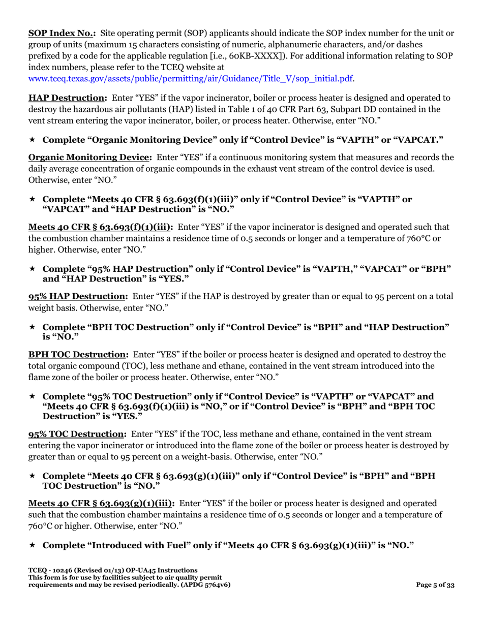 Form OP-UA45 (TCEQ-10246) Surface Impoundment Attributes - Texas, Page 5
