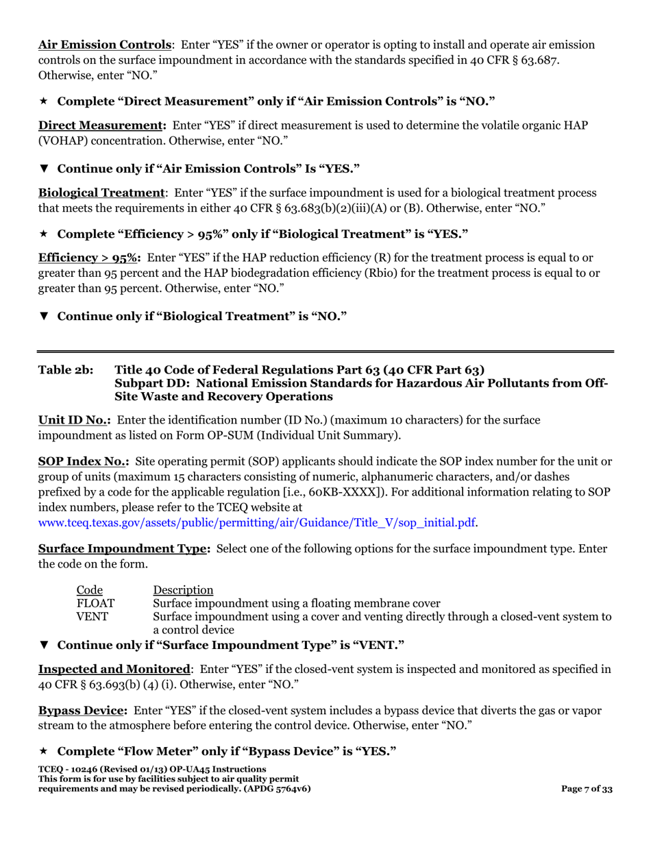Form OP-UA45 (TCEQ-10246) Surface Impoundment Attributes - Texas, Page 7