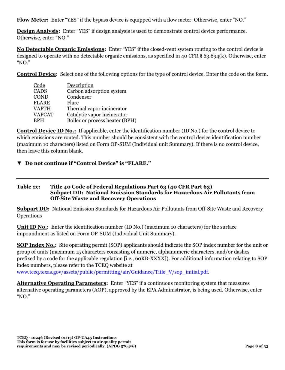 Form OP-UA45 (TCEQ-10246) Surface Impoundment Attributes - Texas, Page 8