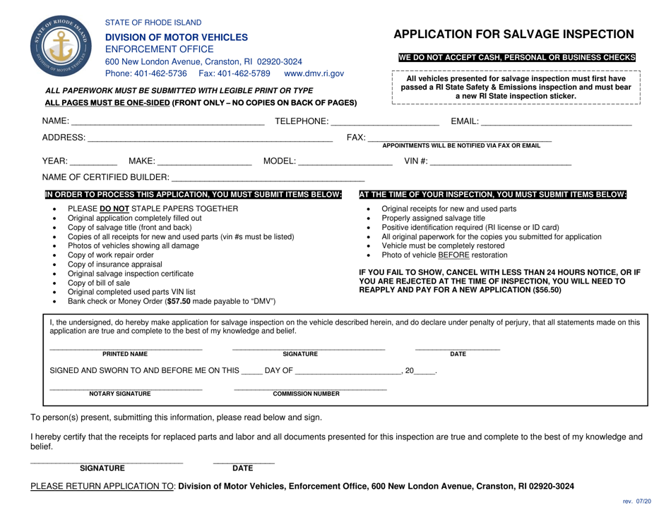 Application for Salvage Inspection - Rhode Island, Page 1