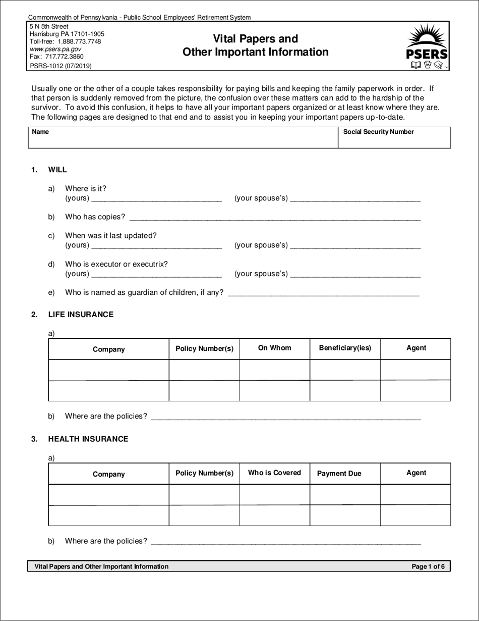 Form PSRS-1012 Vital Papers and Other Important Information - Pennsylvania, Page 1