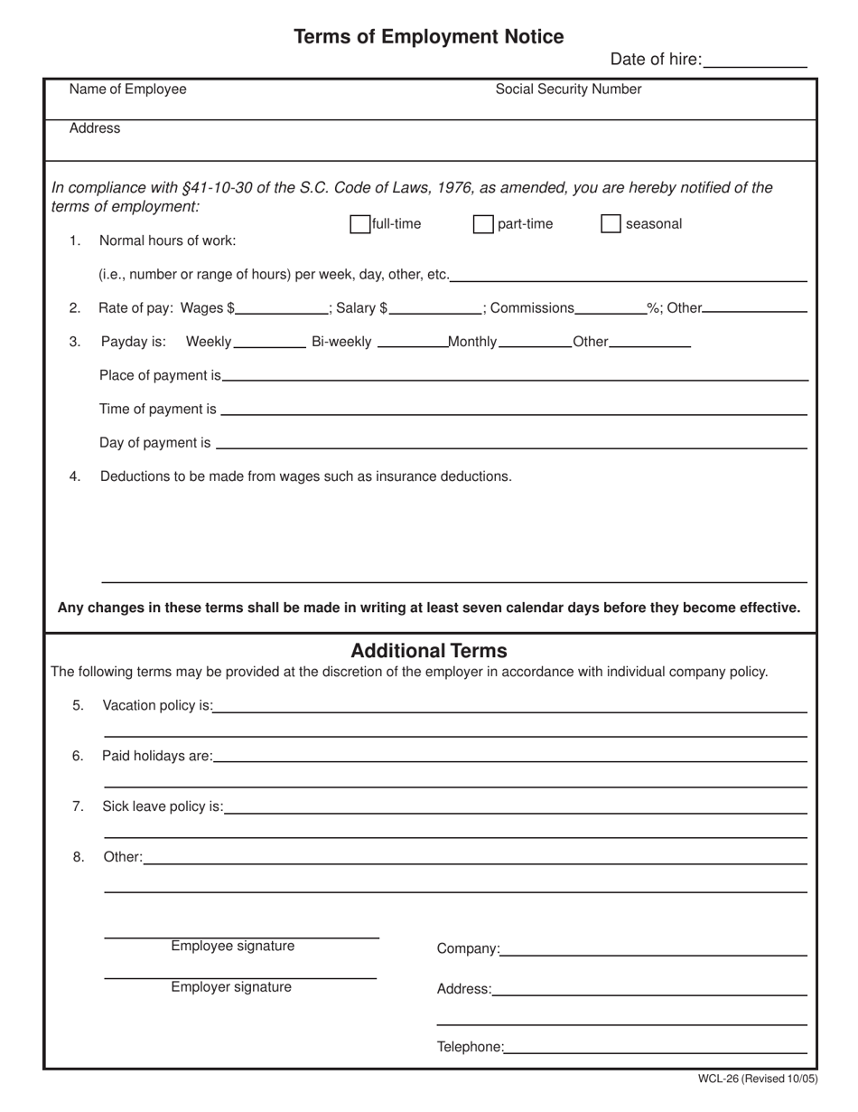Form WCL-26 Terms of Employment Notice - South Carolina, Page 1