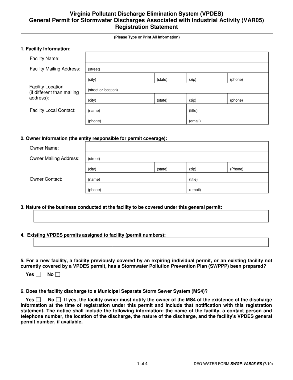 DEQ-WATER Form SWGP-VAR-05-RS General Permit for Stormwater Discharges Associated With Industrial Activity (Var05) Registration Statement - Virginia, Page 1