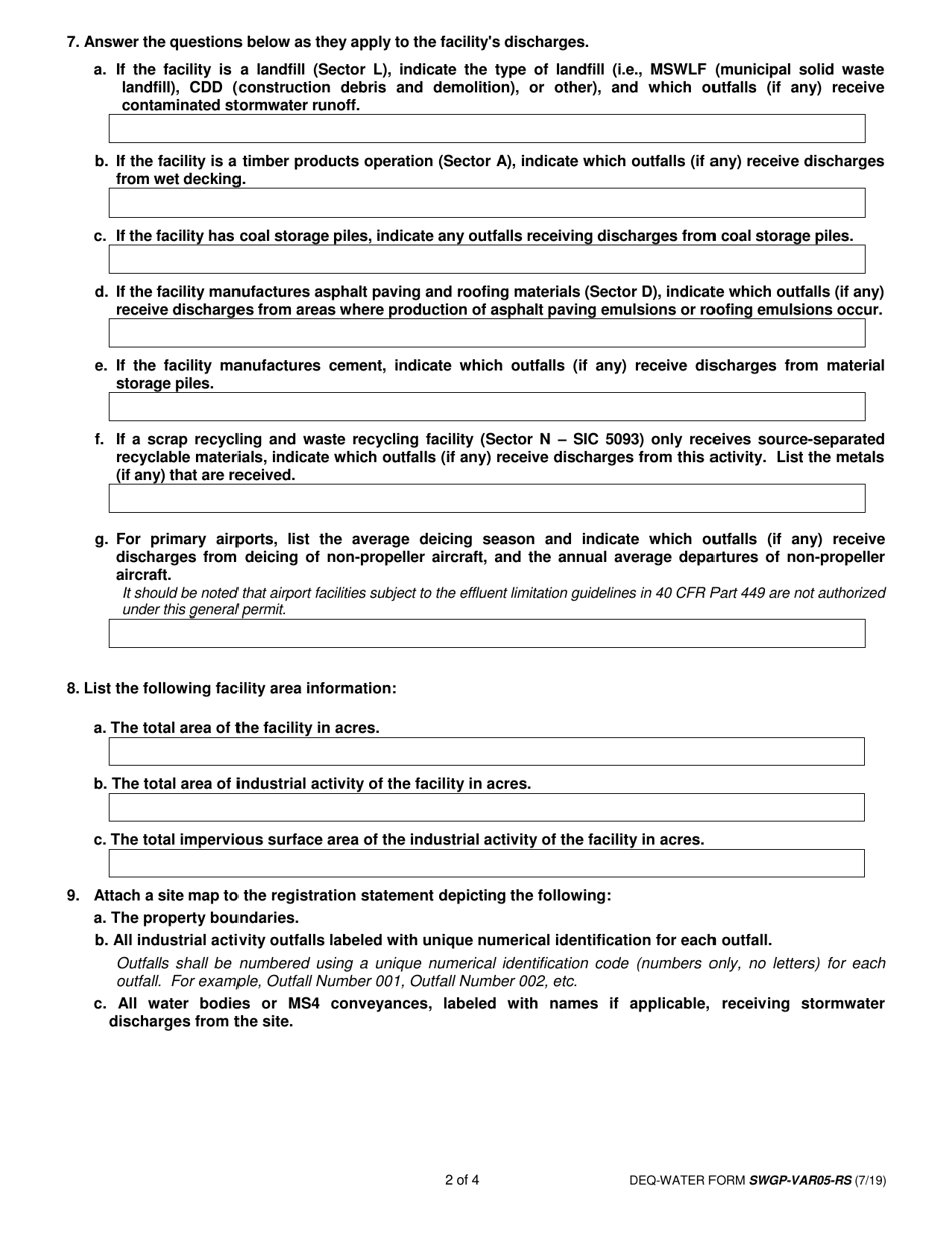 DEQ-WATER Form SWGP-VAR-05-RS General Permit for Stormwater Discharges Associated With Industrial Activity (Var05) Registration Statement - Virginia, Page 2