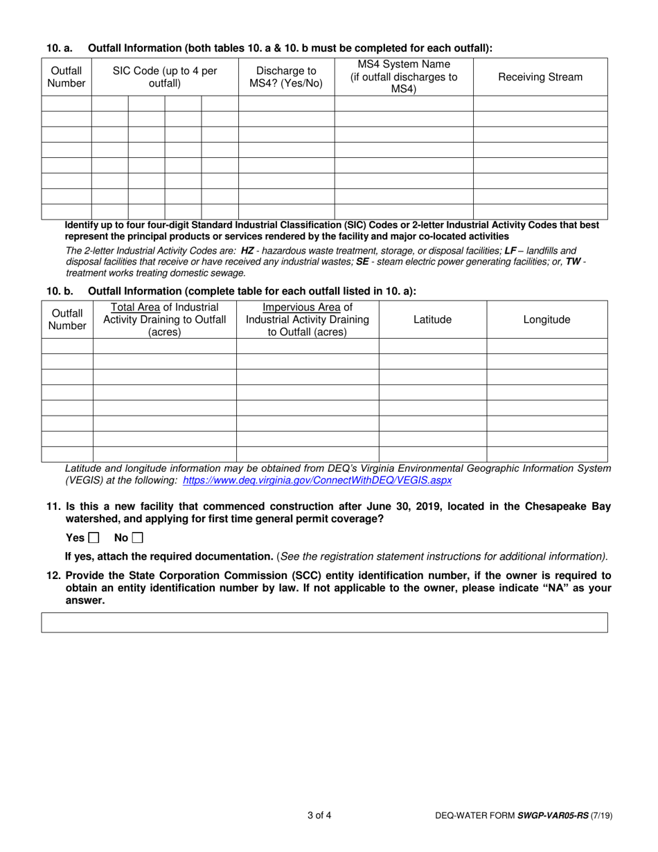 DEQ-WATER Form SWGP-VAR-05-RS General Permit for Stormwater Discharges Associated With Industrial Activity (Var05) Registration Statement - Virginia, Page 3