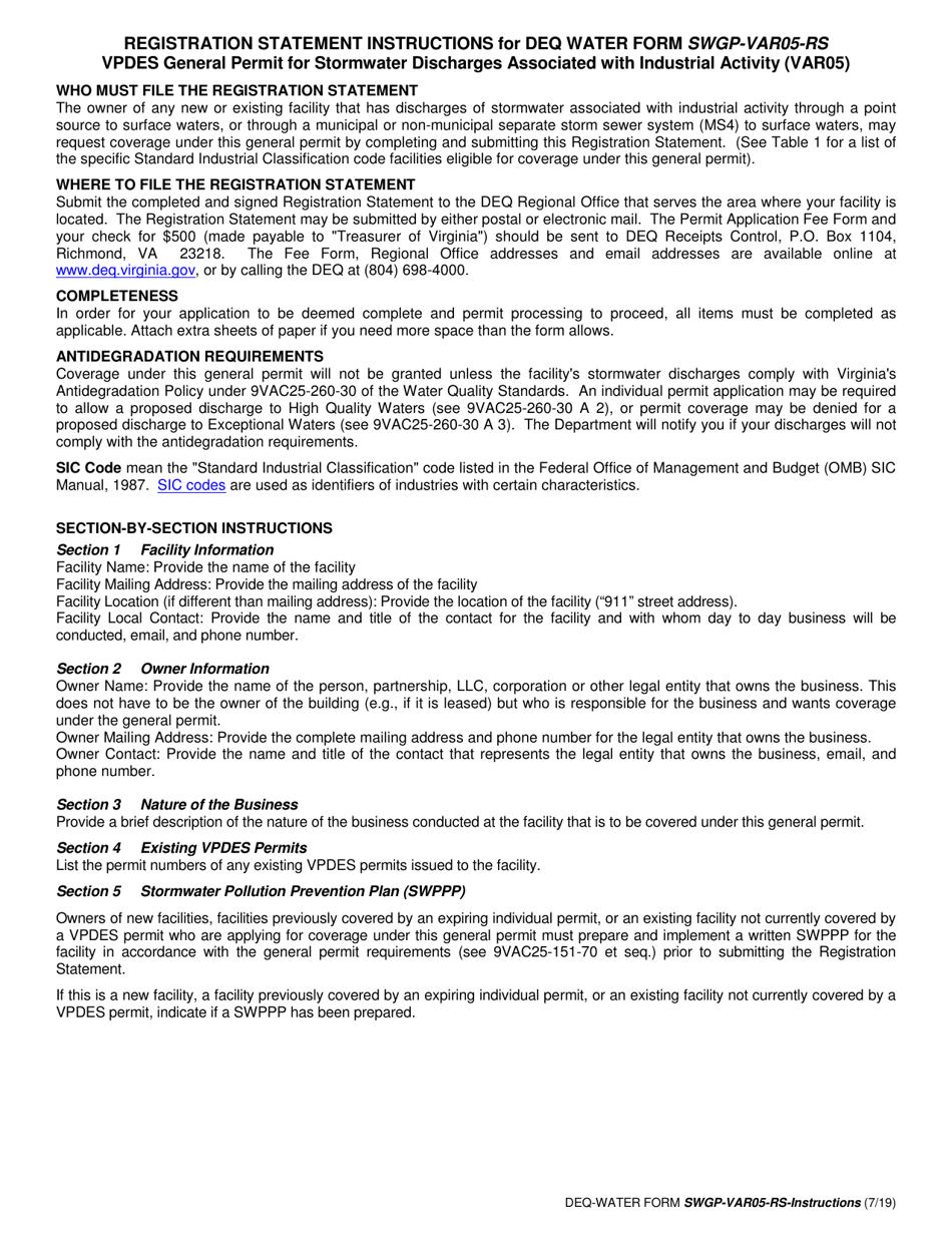 DEQ-WATER Form SWGP-VAR-05-RS General Permit for Stormwater Discharges Associated With Industrial Activity (Var05) Registration Statement - Virginia, Page 5