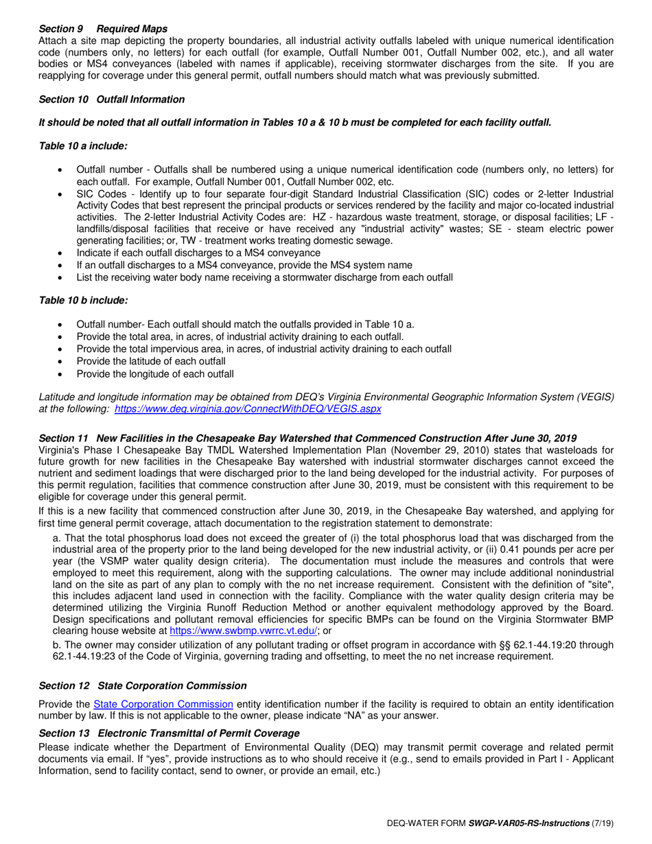 DEQ-WATER Form SWGP-VAR-05-RS General Permit for Stormwater Discharges Associated With Industrial Activity (Var05) Registration Statement - Virginia, Page 7