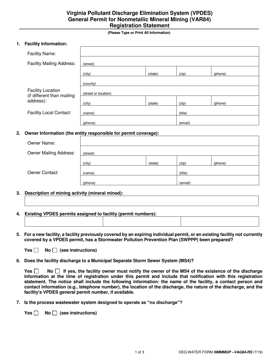 DEQ-WATER Form NMMMGP - VAG84-RS General Permit for Nonmetallic Mineral Mining (Var84) Registration Statement - Virginia, Page 1