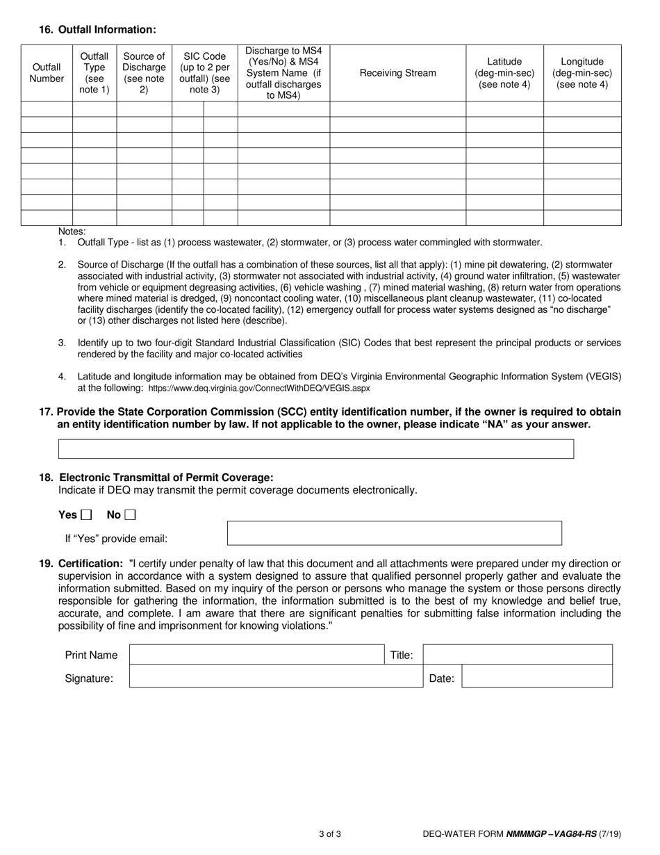 DEQ-WATER Form NMMMGP - VAG84-RS General Permit for Nonmetallic Mineral Mining (Var84) Registration Statement - Virginia, Page 3