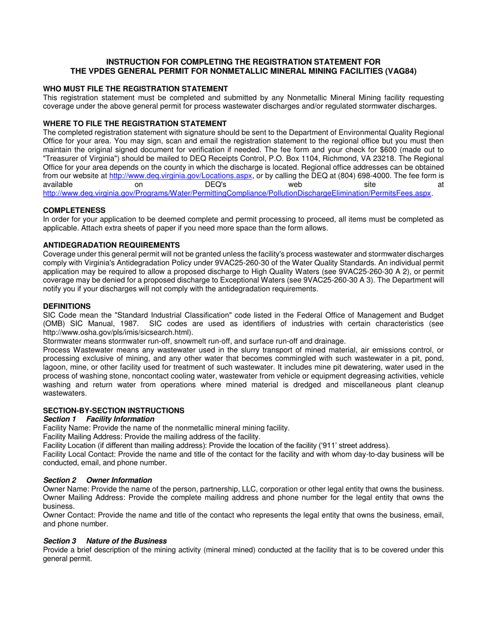 DEQ-WATER Form NMMMGP - VAG84-RS General Permit for Nonmetallic Mineral Mining (Var84) Registration Statement - Virginia, Page 4