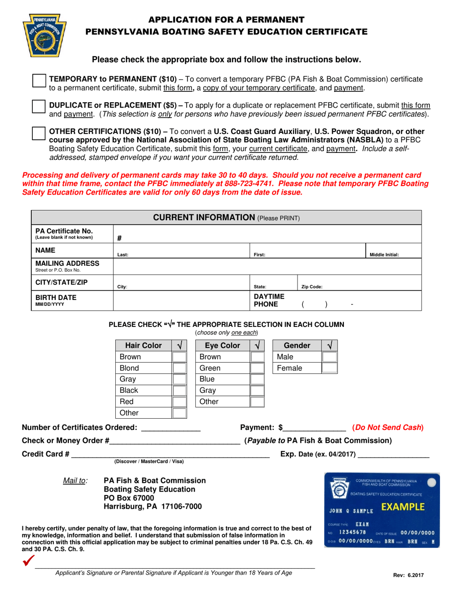 Application for a Permanent Pennsylvania Boating Safety Education Certificate - Pennsylvania, Page 1