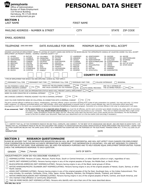 Form STD-300 Personal Data Sheet - Pennsylvania